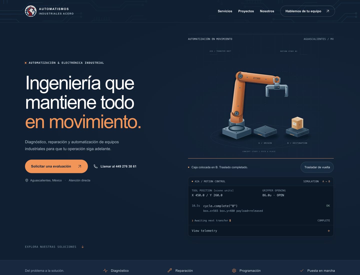 Sitio de Automatismos Industriales Acero, con identidad azul y cobre, brazo robótico y terminal de simulación