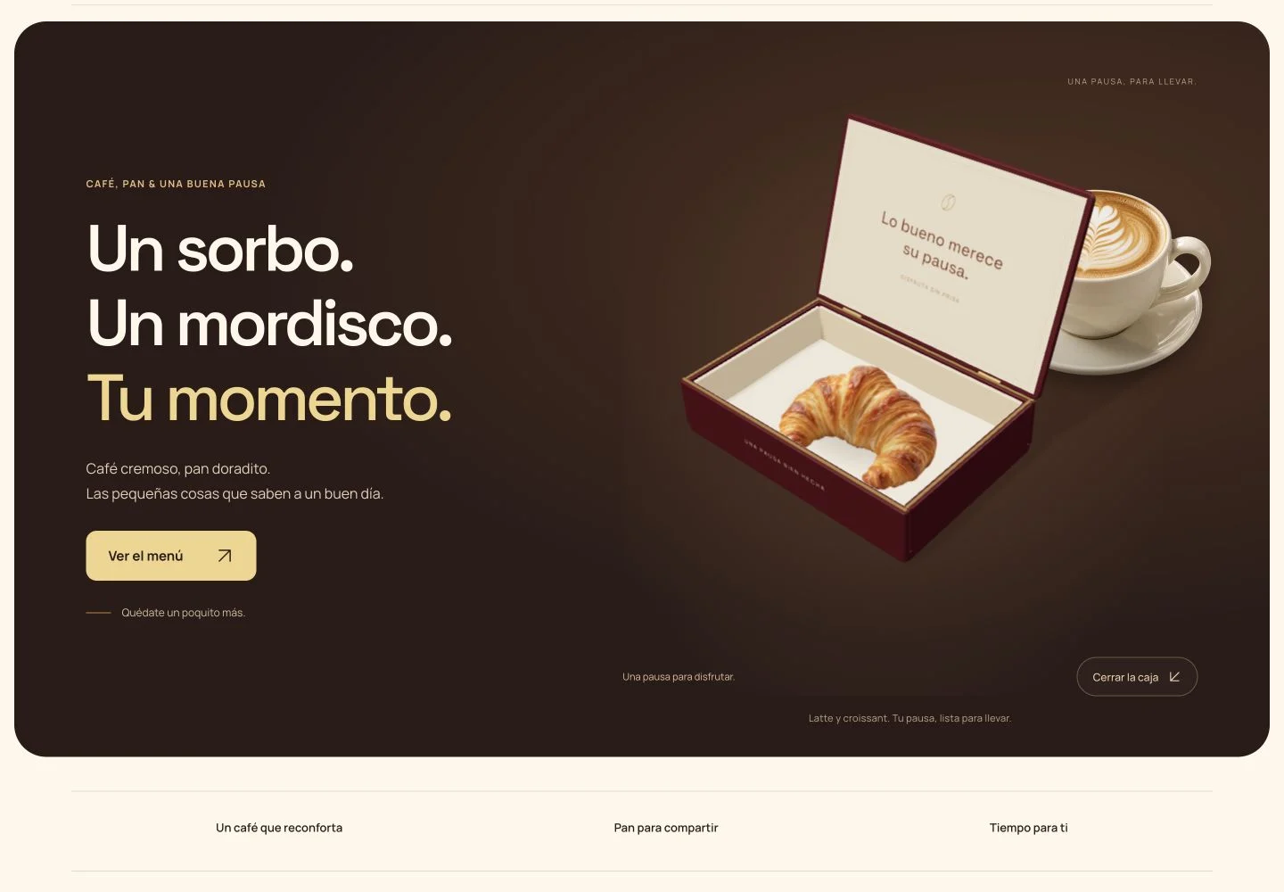 Vista de la demo Hora Lenta: portada de café y pan, caja cereza abierta, croissant y taza de latte