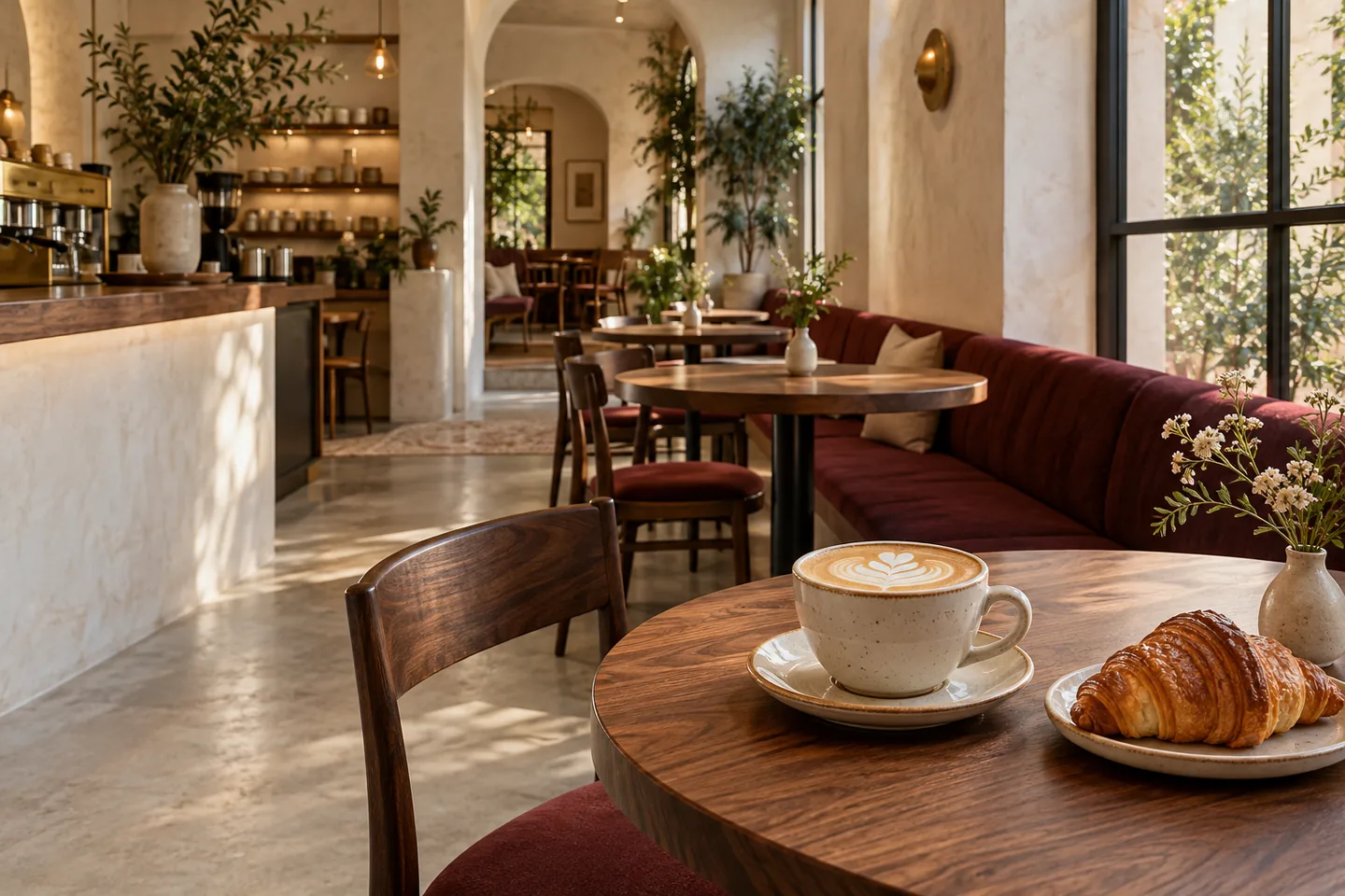Concepto de una cafetería con luz natural, madera cálida y banca cereza; un latte y un croissant sobre la mesa.