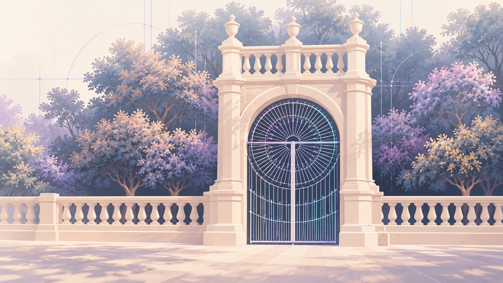 Ilustración del arco del Jardín de San Marcos entre vegetación en tonos cantera, lavanda y azul, con detalles tecnológicos sutiles.